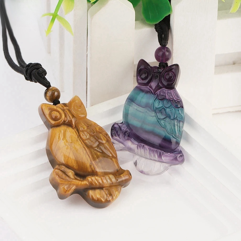 Handmade Craved Owl Gemstone Pendant Necklace Adjustable Rope
