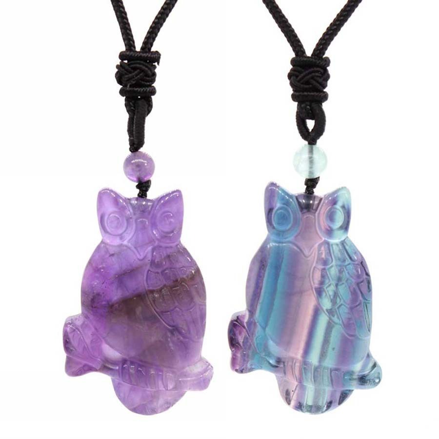 Handmade Craved Owl Gemstone Pendant Necklace Adjustable Rope
