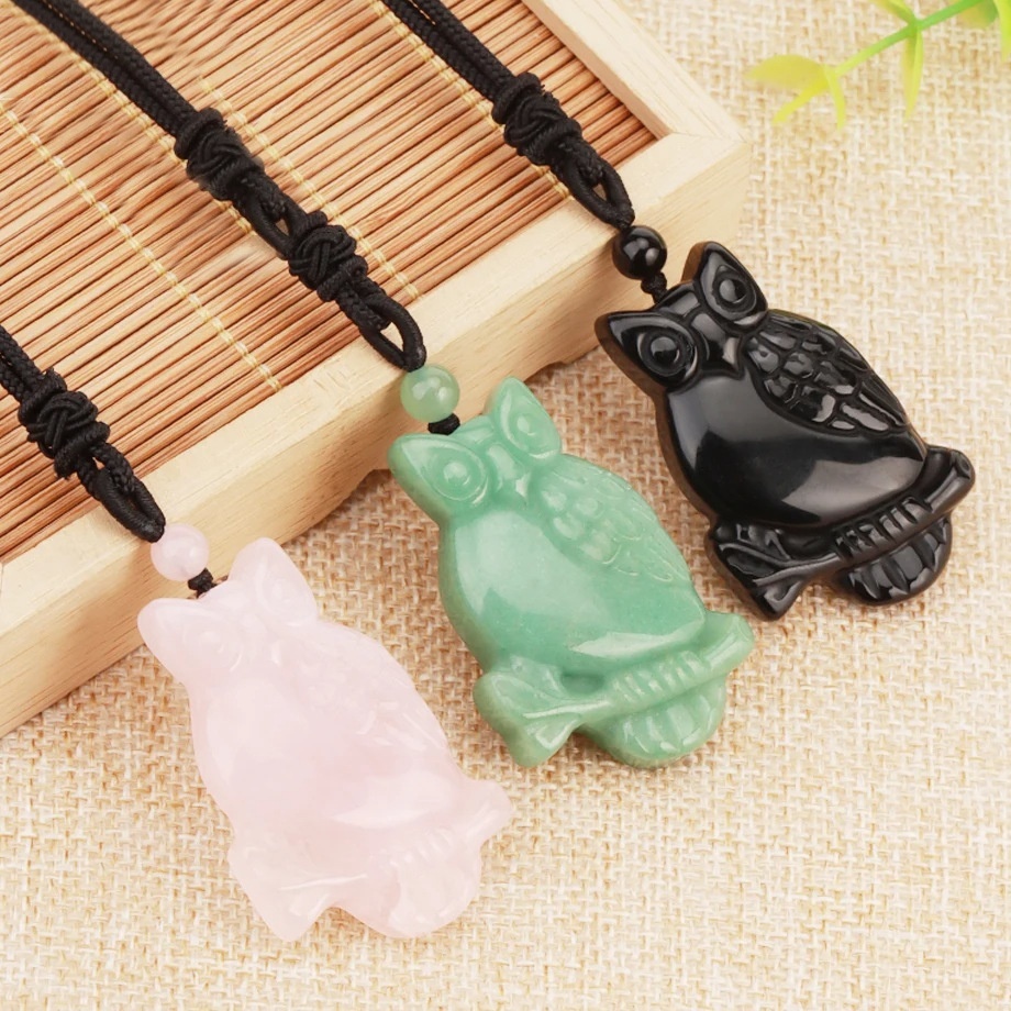 Handmade Craved Owl Gemstone Pendant Necklace Adjustable Rope