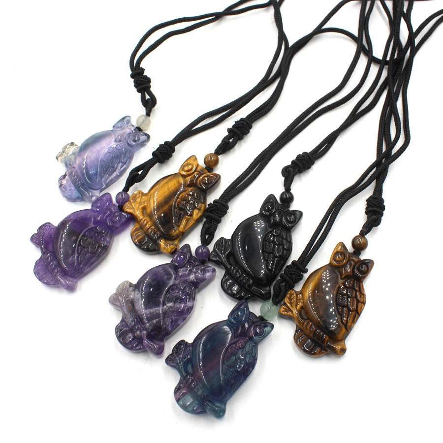 Handmade Craved Owl Gemstone Pendant Necklace Adjustable Rope