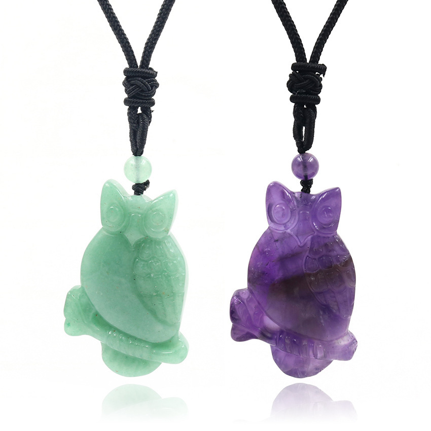 Handmade Craved Owl Gemstone Pendant Necklace Adjustable Rope