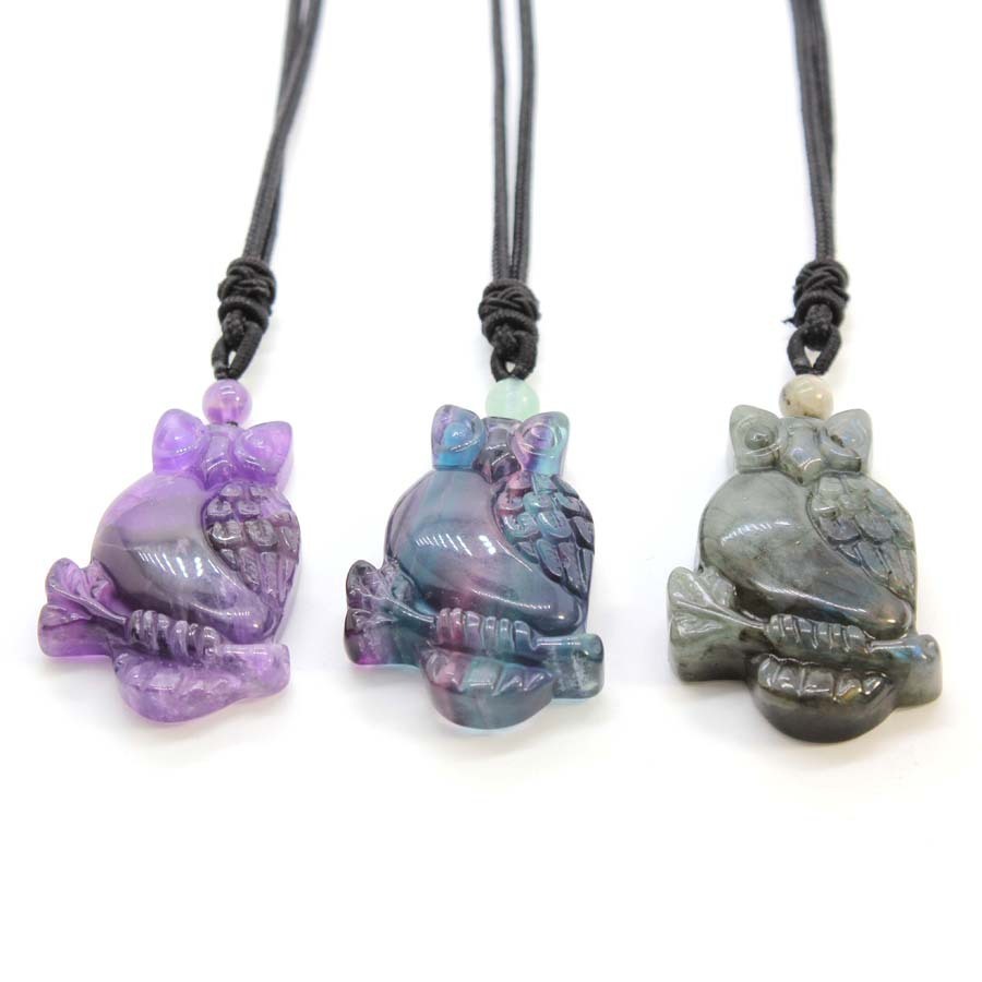 Handmade Craved Owl Gemstone Pendant Necklace Adjustable Rope