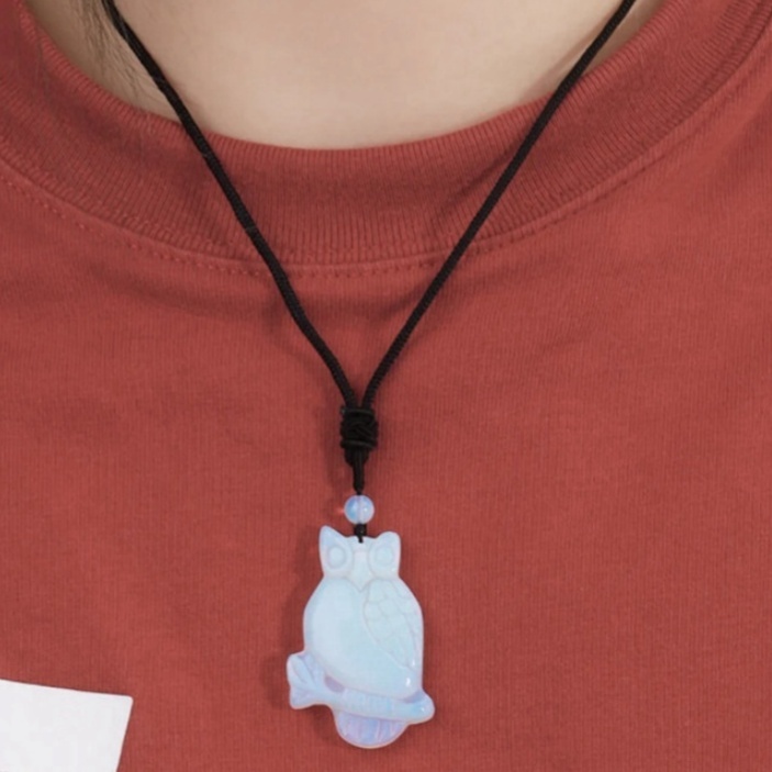Handmade Craved Owl Gemstone Pendant Necklace Adjustable Rope