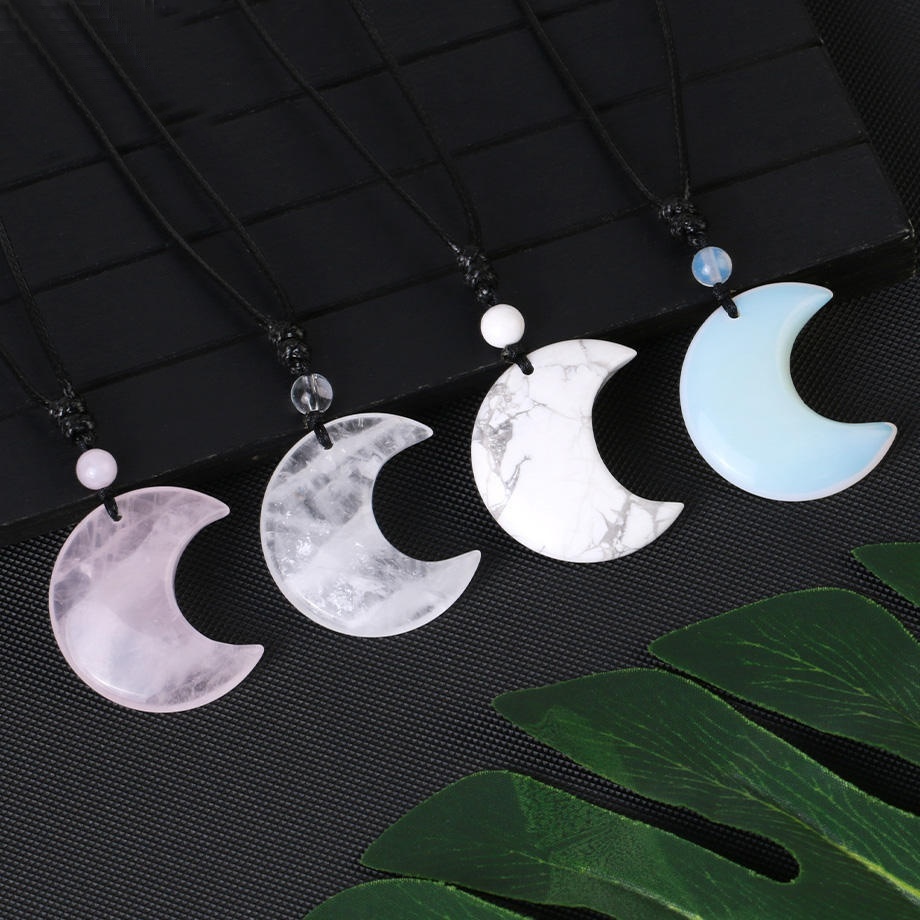 Handmade Craved Moon Gemstone Pendant Necklace Adjustable Rope