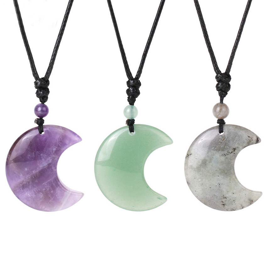 Handmade Craved Moon Gemstone Pendant Necklace Adjustable Rope