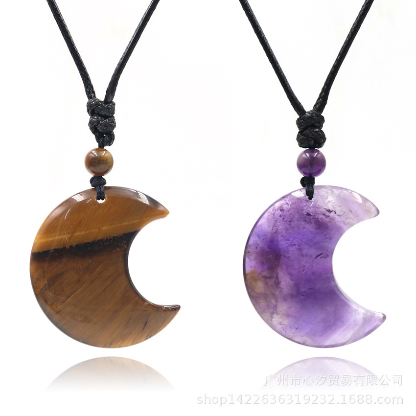 Handmade Craved Moon Gemstone Pendant Necklace Adjustable Rope
