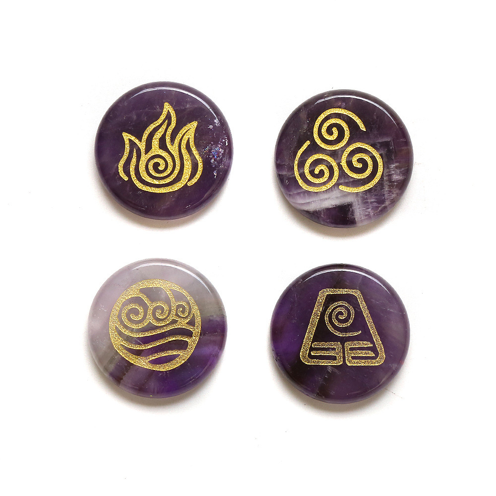 25MM Stone Disc Ornament 4PCS Handmade Craved Greece Spiritual Symbols(Earth+Air+Water+Fire)