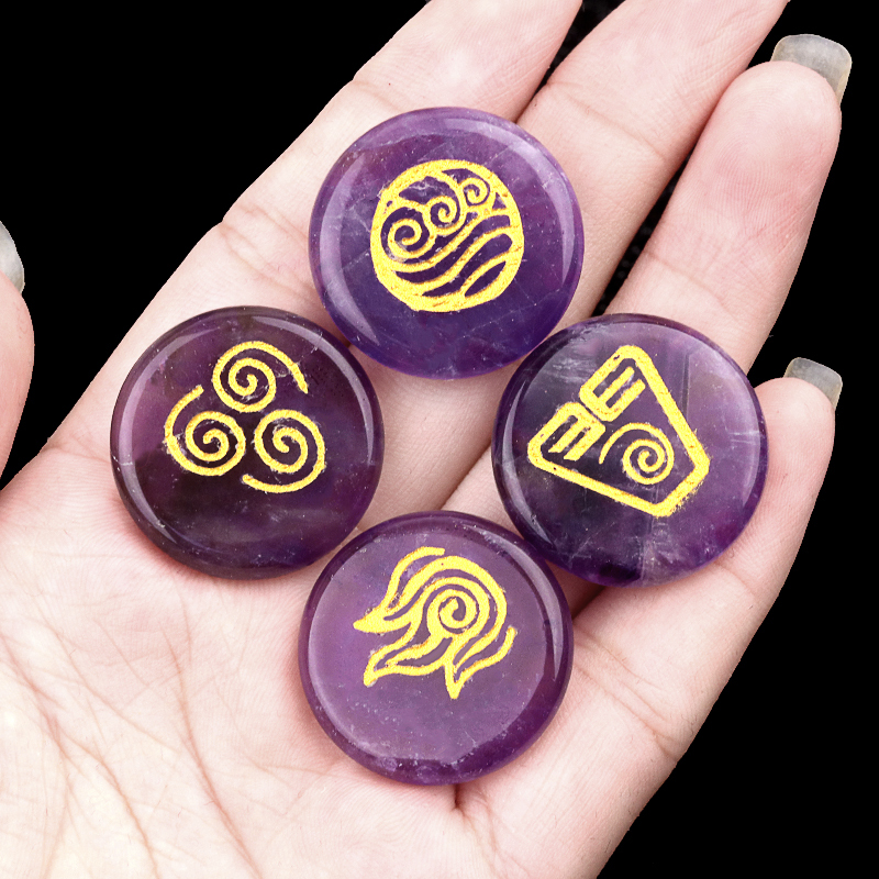 25MM Stone Disc Ornament 4PCS Handmade Craved Greece Spiritual Symbols(Earth+Air+Water+Fire)