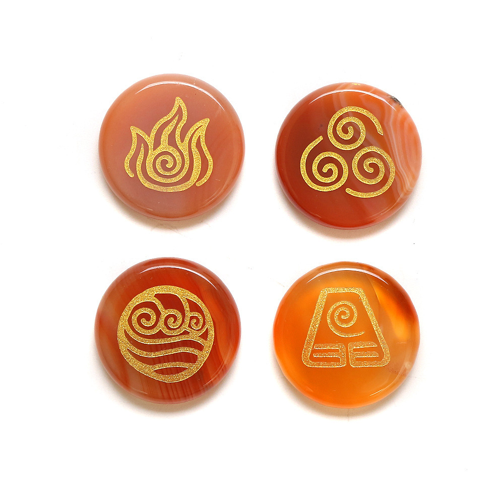 Green Aventurine 25MM Stone Disc Ornament 4PCS Handmade Craved Greece Spiritual Symbols(Earth+Air+Water+Fire)