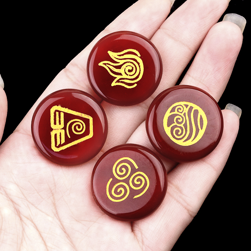25MM Stone Disc Ornament 4PCS Handmade Craved Greece Spiritual Symbols(Earth+Air+Water+Fire)