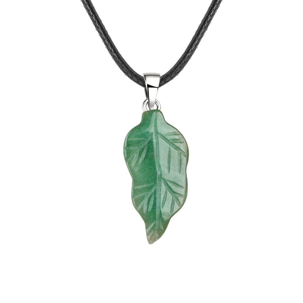 Handmade Craved Gemstone Leaf  Pendant  (Approx 23X47MM) Necklace 45CM Black Cord