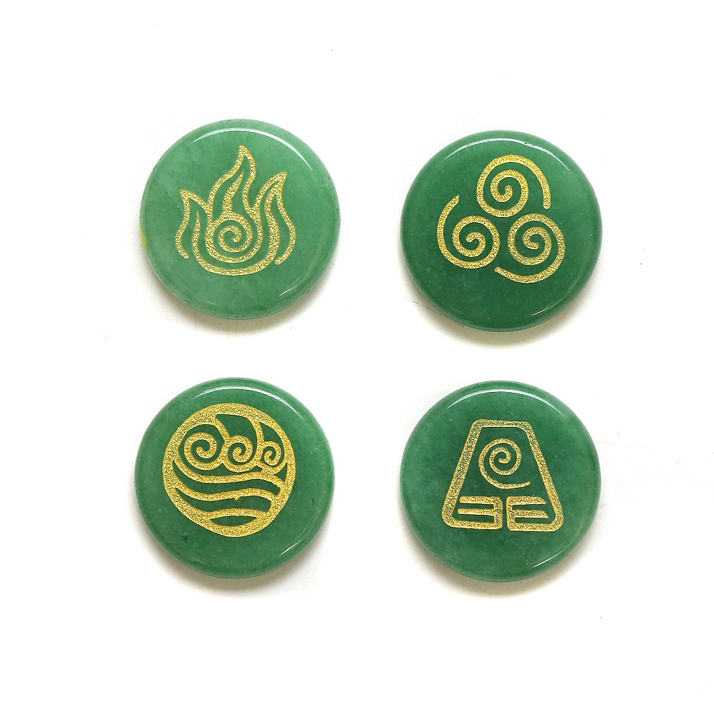 Green Aventurine 25MM Stone Disc Ornament 4PCS Handmade Craved Greece Spiritual Symbols(Earth+Air+Water+Fire)