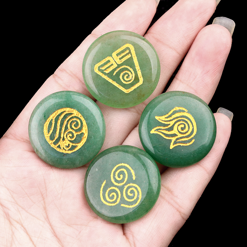 25MM Stone Disc Ornament 4PCS Handmade Craved Greece Spiritual Symbols(Earth+Air+Water+Fire)