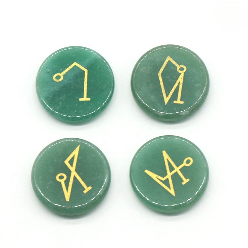 Green Aventurine 25MM Stone Disc Ornament 4PCS Handmade Craved Angle Spiritual Symbols