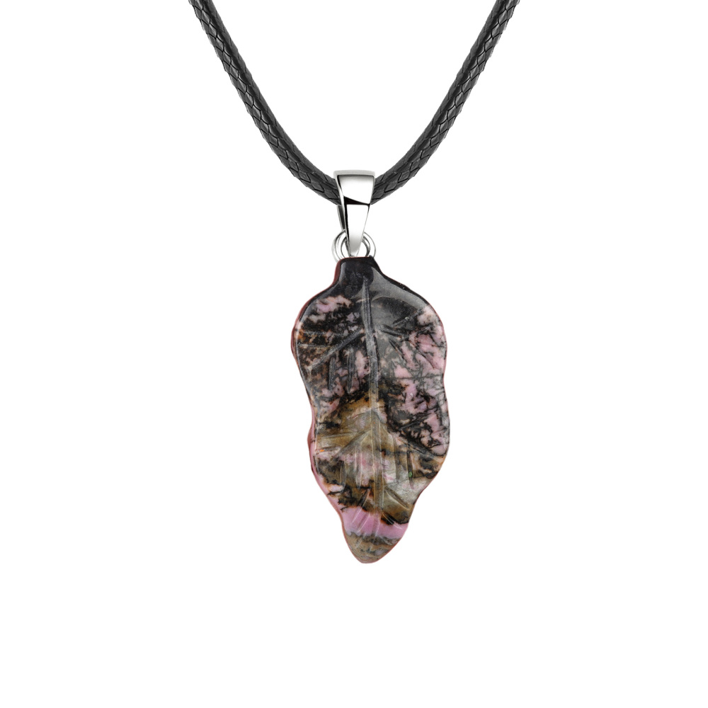 Handmade Craved Gemstone Leaf  Pendant  (Approx 23X47MM) Necklace 45CM Black Cord