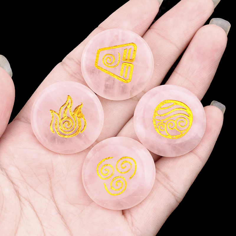 25MM Stone Disc Ornament 4PCS Handmade Craved Greece Spiritual Symbols(Earth+Air+Water+Fire)