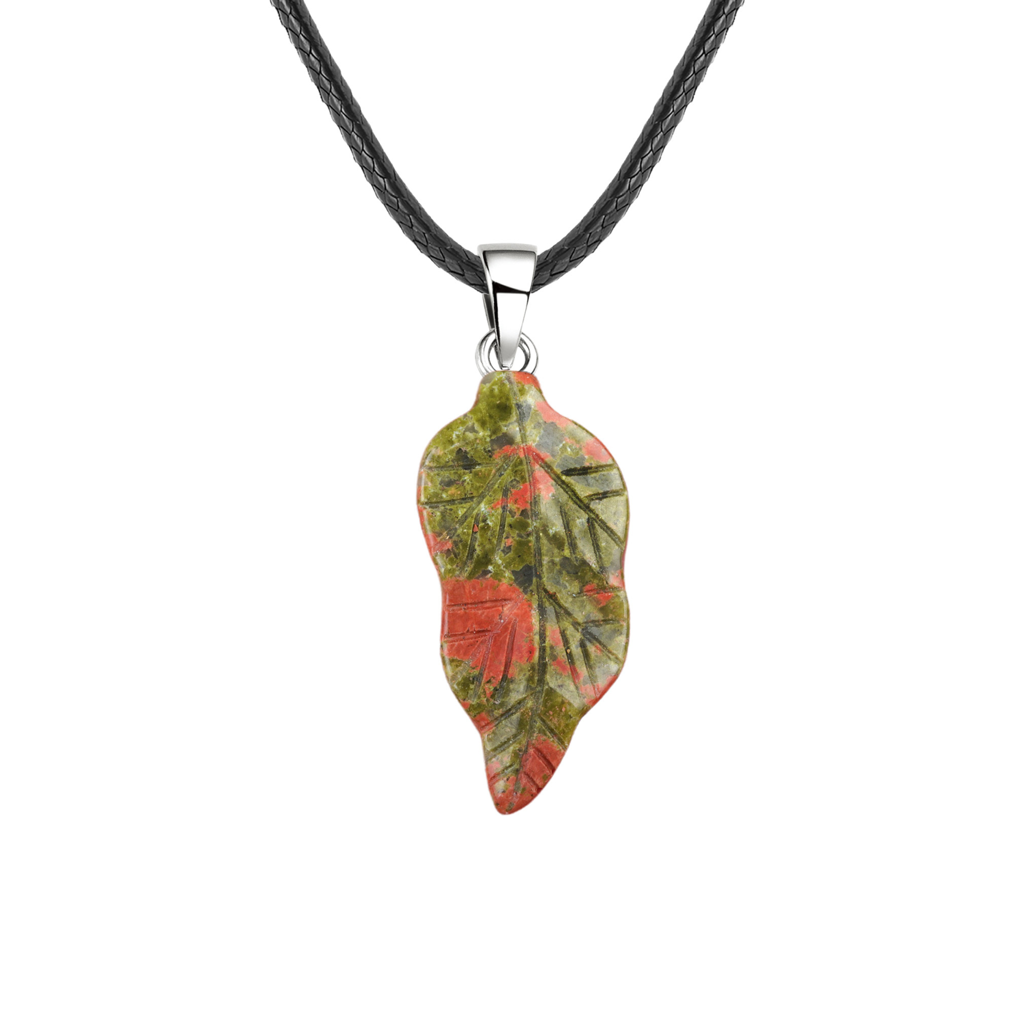 Handmade Craved Gemstone Leaf  Pendant  (Approx 23X47MM) Necklace 45CM Black Cord