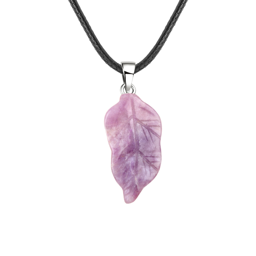 Handmade Craved Gemstone Leaf  Pendant  (Approx 23X47MM) Necklace 45CM Black Cord