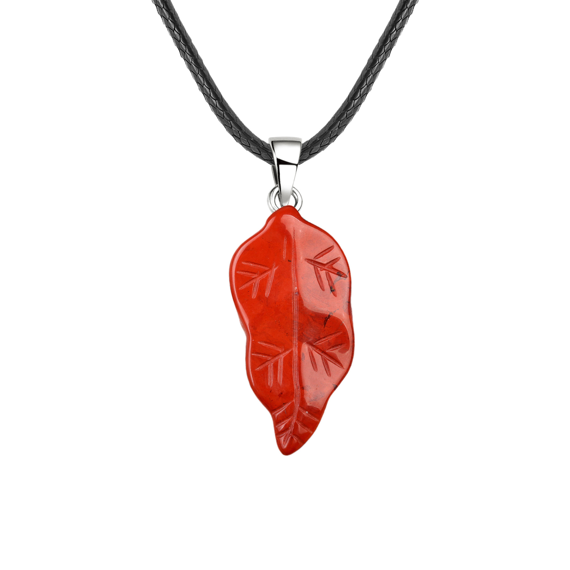 Handmade Craved Gemstone Leaf  Pendant  (Approx 23X47MM) Necklace 45CM Black Cord