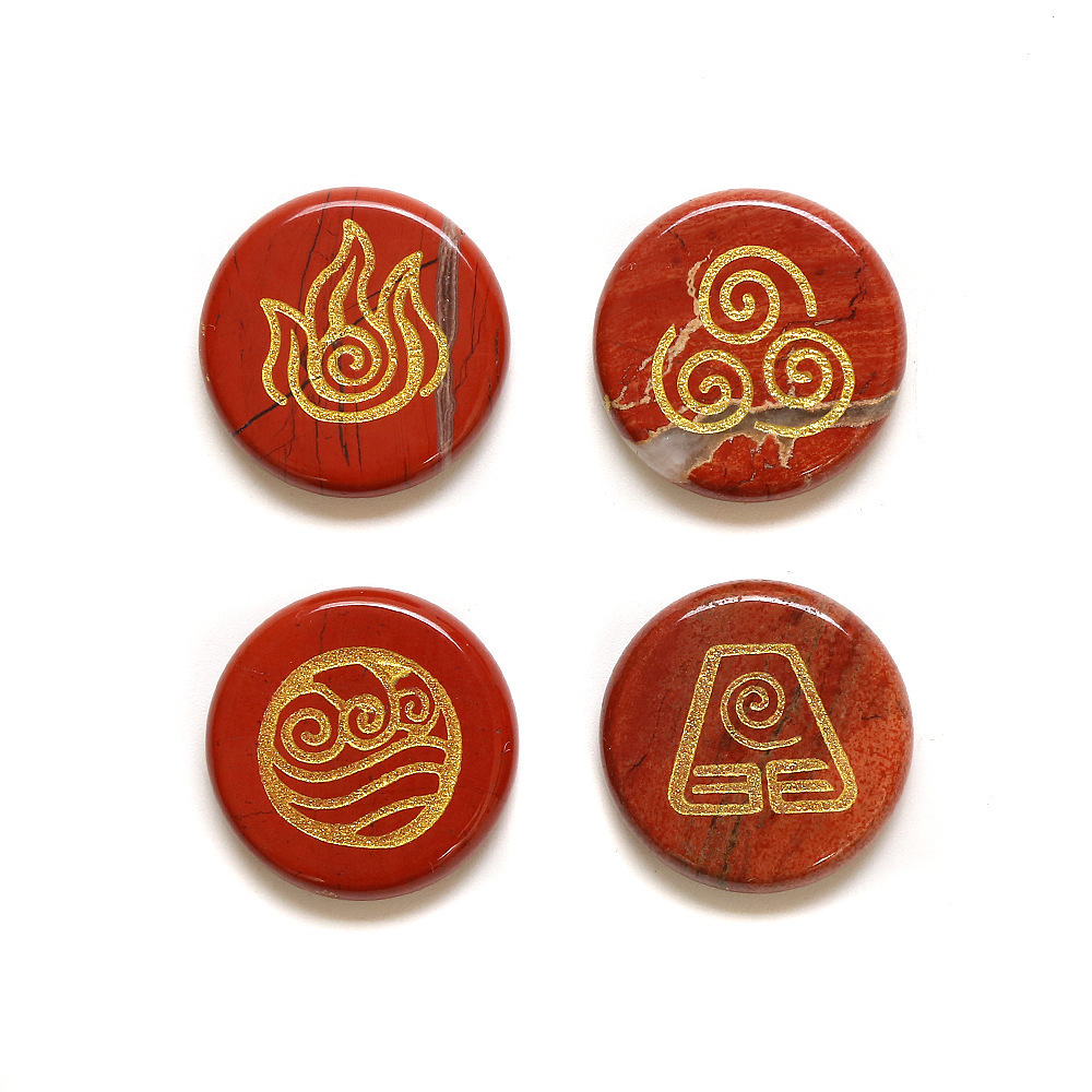 Green Aventurine 25MM Stone Disc Ornament 4PCS Handmade Craved Greece Spiritual Symbols(Earth+Air+Water+Fire)