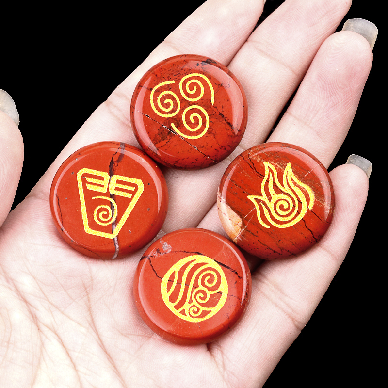 25MM Stone Disc Ornament 4PCS Handmade Craved Greece Spiritual Symbols(Earth+Air+Water+Fire)