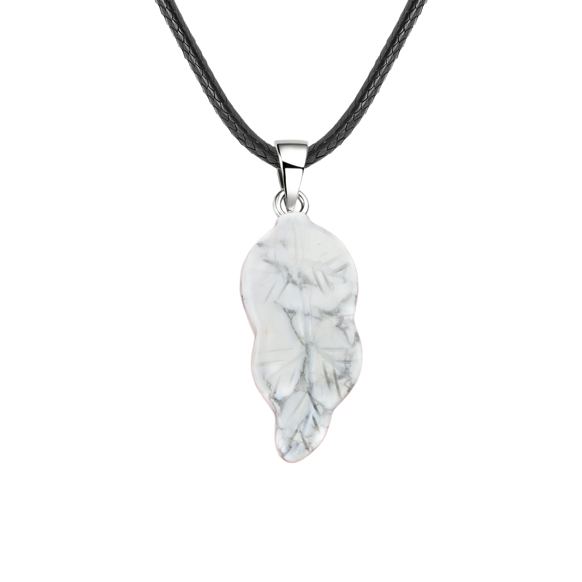 Handmade Craved Gemstone Leaf  Pendant  (Approx 23X47MM) Necklace 45CM Black Cord