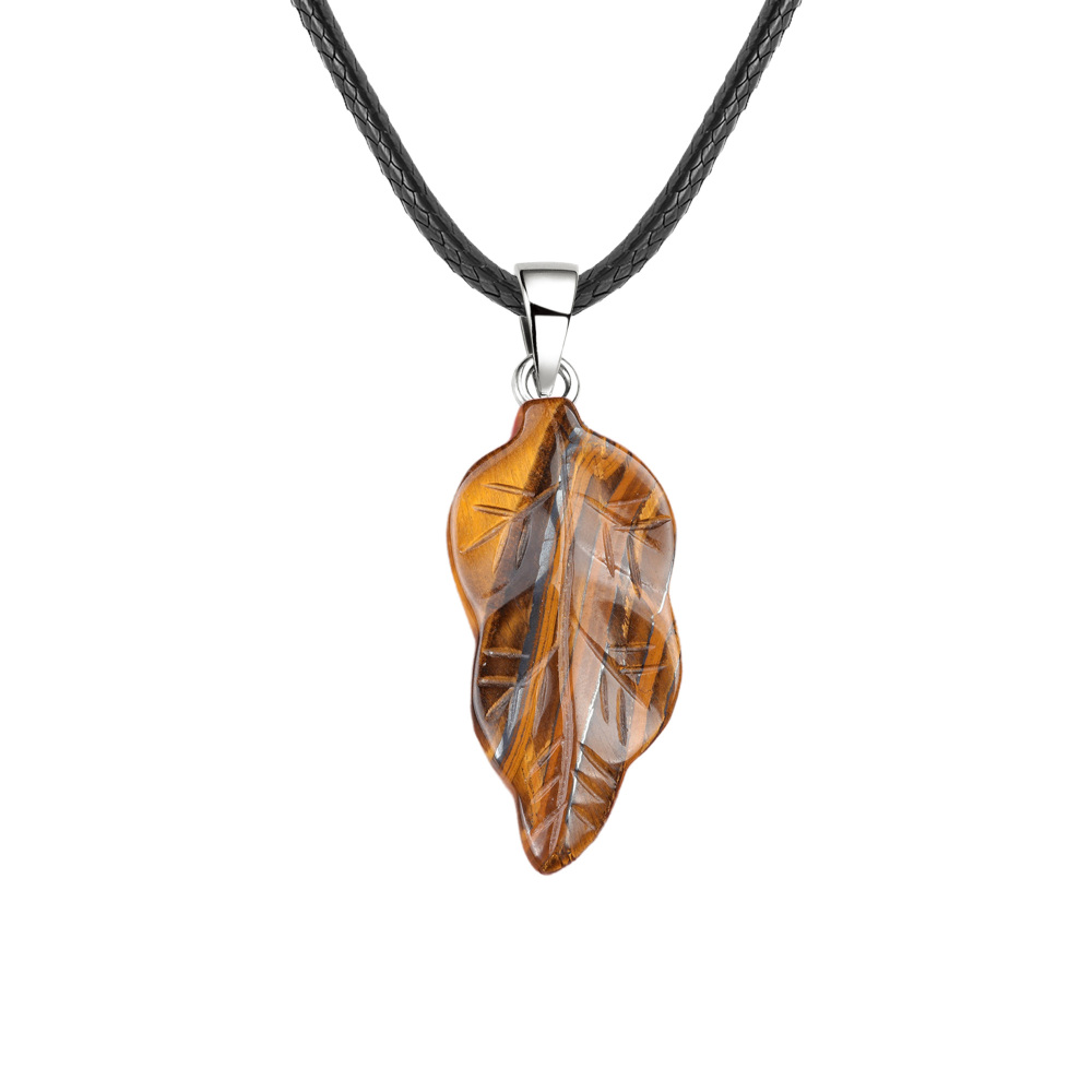 Handmade Craved Gemstone Leaf  Pendant  (Approx 23X47MM) Necklace 45CM Black Cord