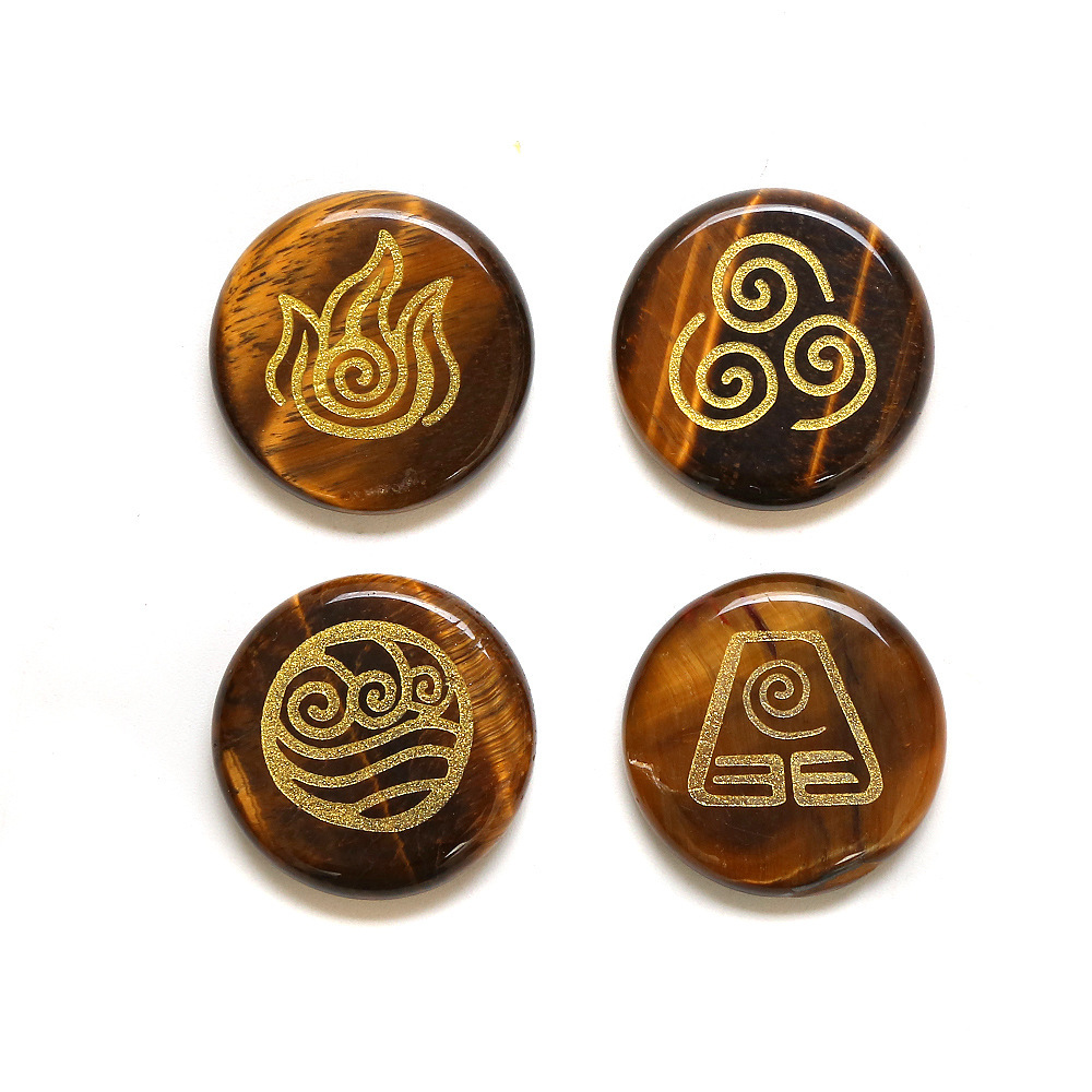 25MM Stone Disc Ornament 4PCS Handmade Craved Greece Spiritual Symbols(Earth+Air+Water+Fire)