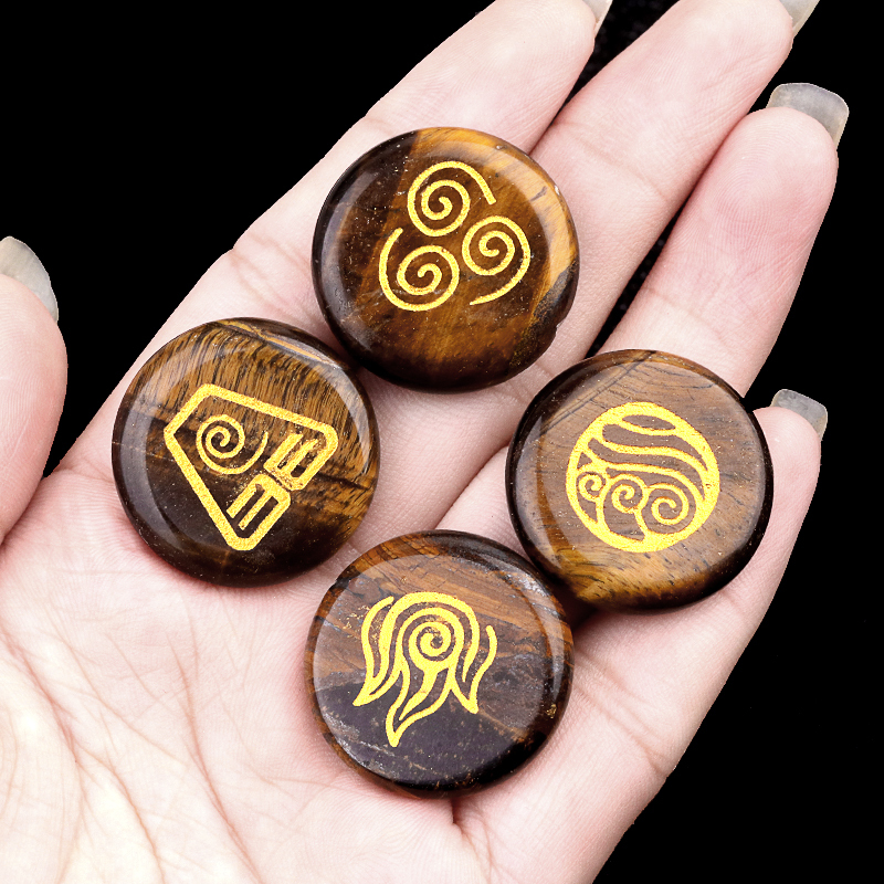 Green Aventurine 25MM Stone Disc Ornament 4PCS Handmade Craved Greece Spiritual Symbols(Earth+Air+Water+Fire)