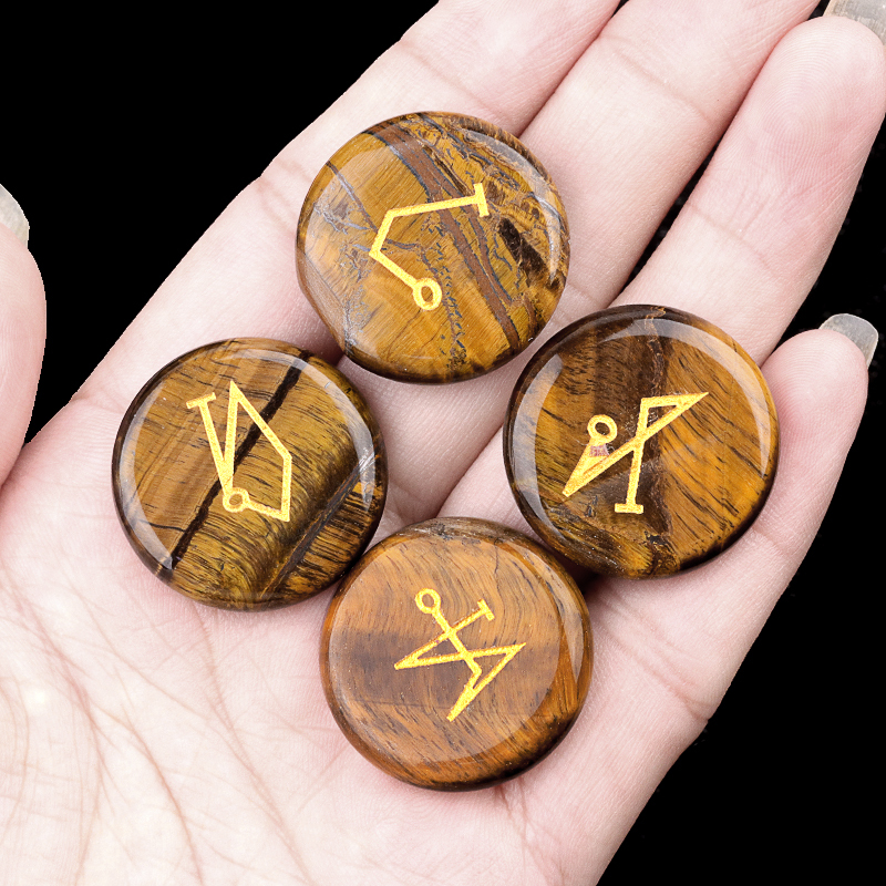 Black Obsidian 25MM Stone Disc Ornament 4PCS Handmade Craved Angle Spiritual Symbols