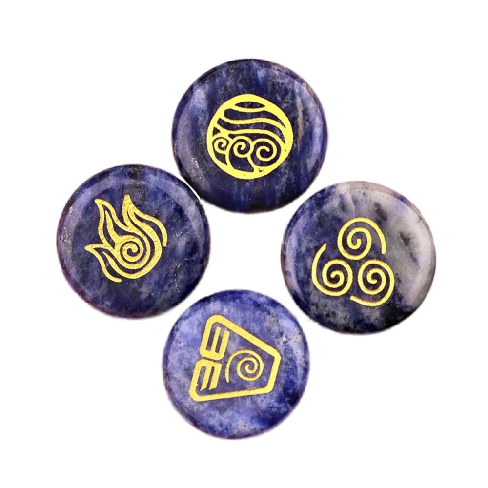 25MM Stone Disc Ornament 4PCS Handmade Craved Greece Spiritual Symbols(Earth+Air+Water+Fire)
