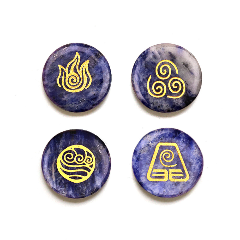Green Aventurine 25MM Stone Disc Ornament 4PCS Handmade Craved Greece Spiritual Symbols(Earth+Air+Water+Fire)