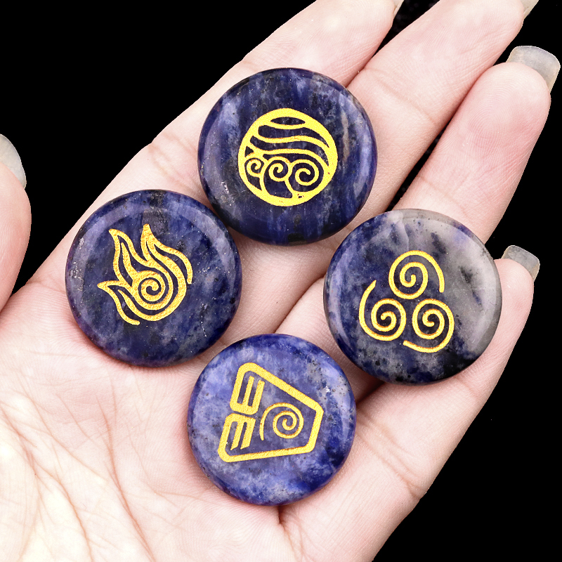 25MM Stone Disc Ornament 4PCS Handmade Craved Greece Spiritual Symbols(Earth+Air+Water+Fire)