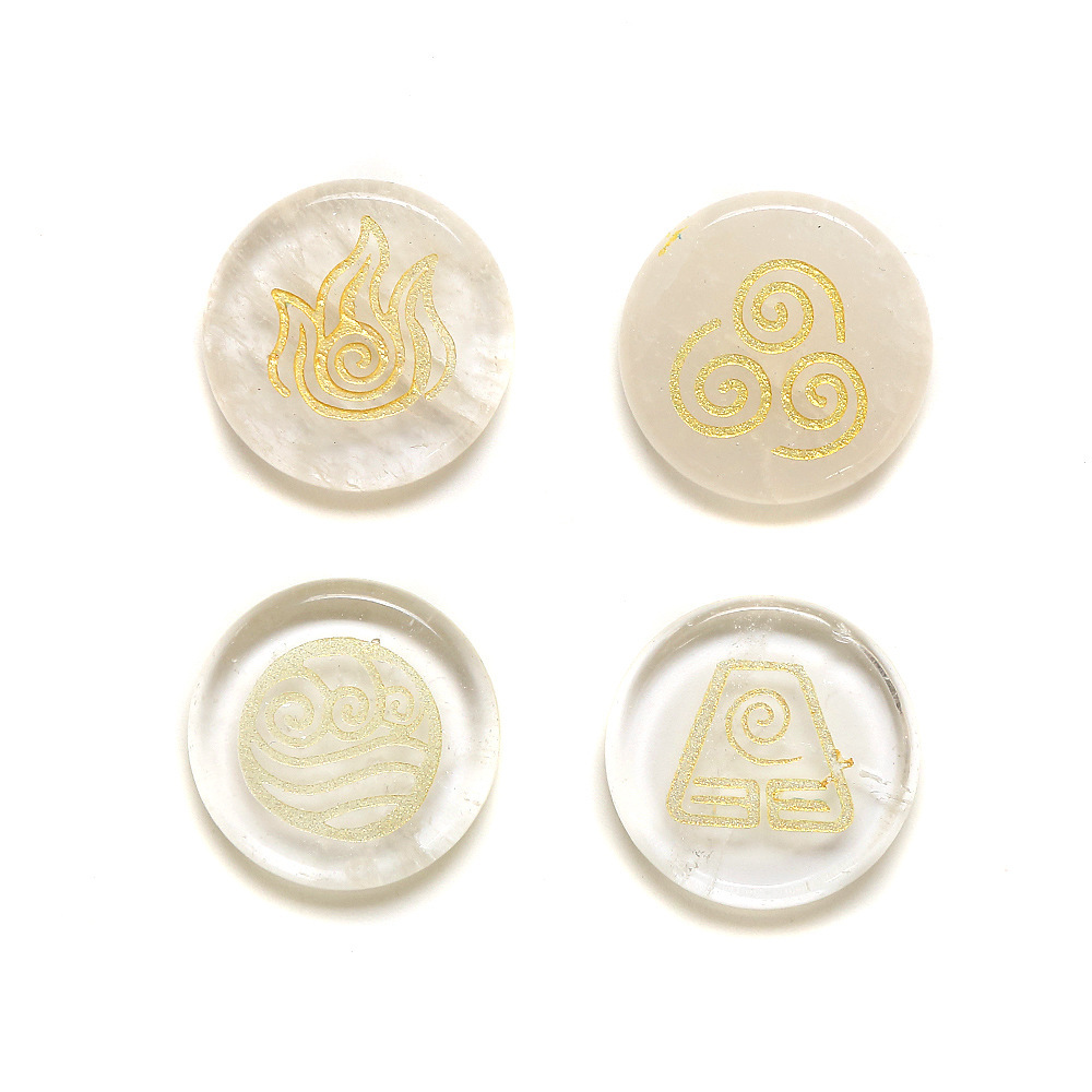 25MM Stone Disc Ornament 4PCS Handmade Craved Greece Spiritual Symbols(Earth+Air+Water+Fire)