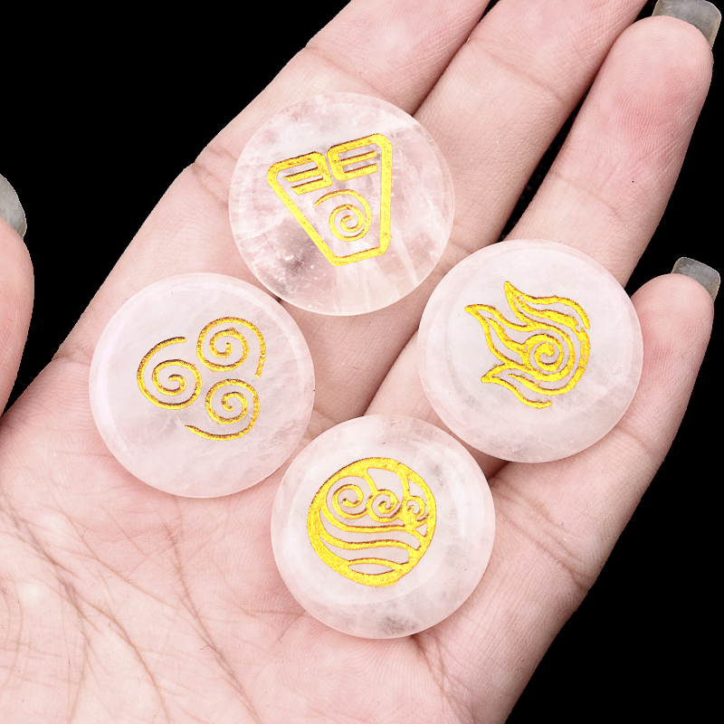 25MM Stone Disc Ornament 4PCS Handmade Craved Greece Spiritual Symbols(Earth+Air+Water+Fire)