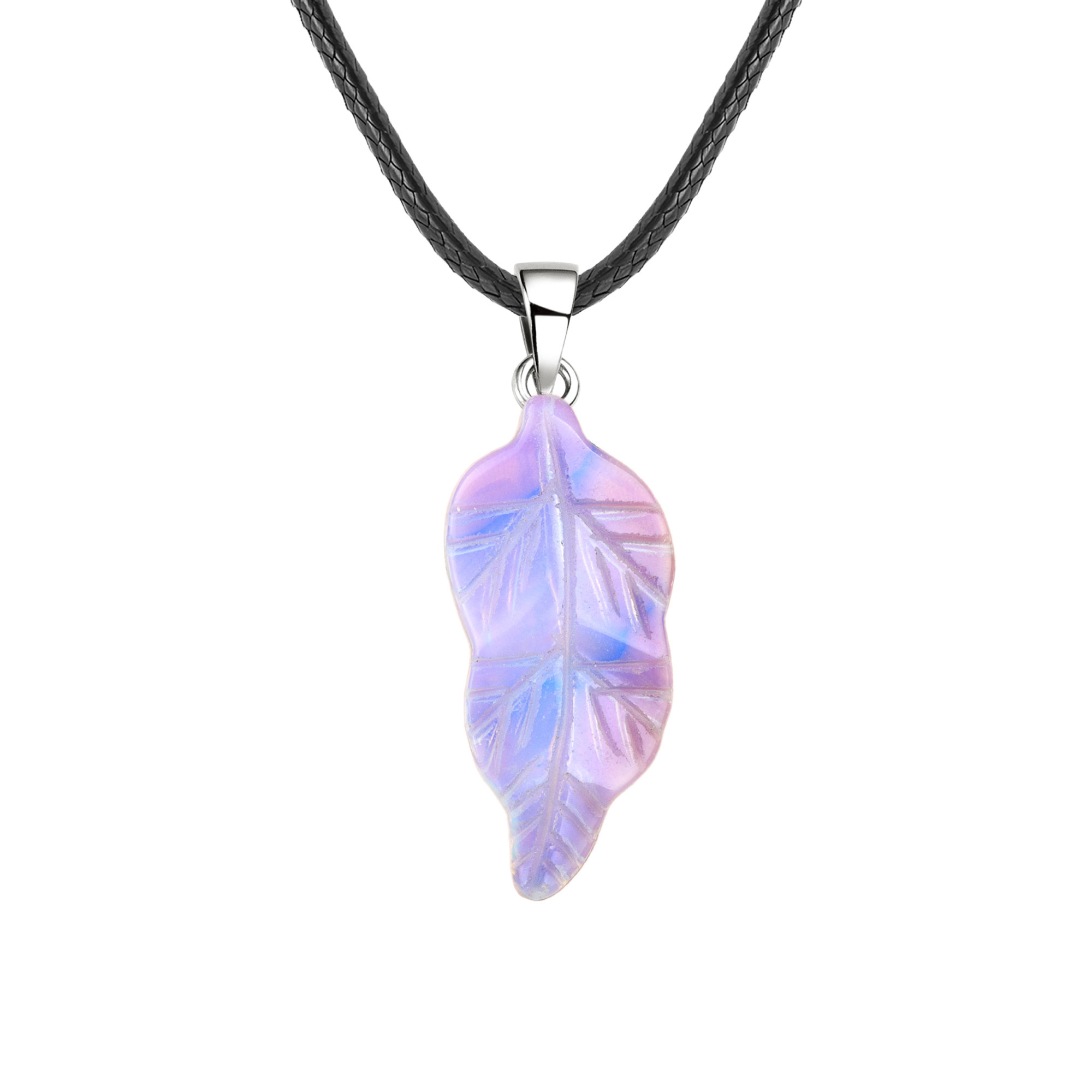 Handmade Craved Gemstone Leaf  Pendant  (Approx 23X47MM) Necklace 45CM Black Cord