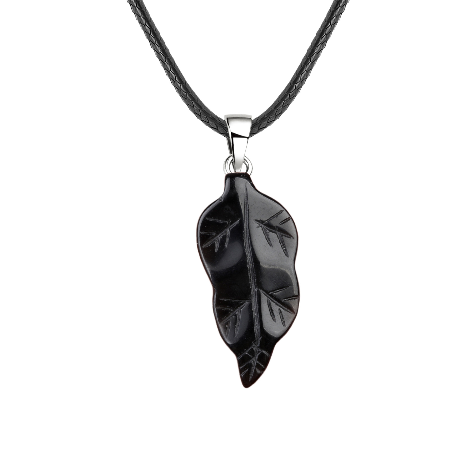 Handmade Craved Gemstone Leaf  Pendant  (Approx 23X47MM) Necklace 45CM Black Cord
