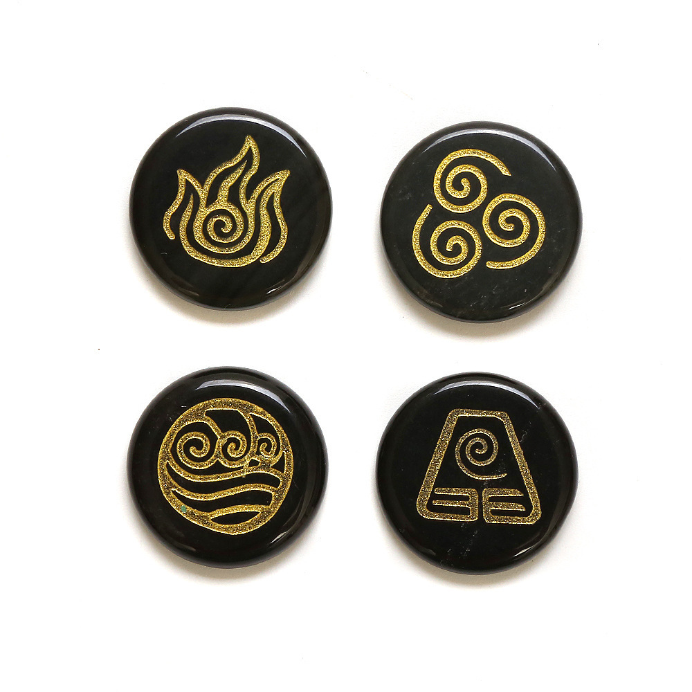 25MM Stone Disc Ornament 4PCS Handmade Craved Greece Spiritual Symbols(Earth+Air+Water+Fire)