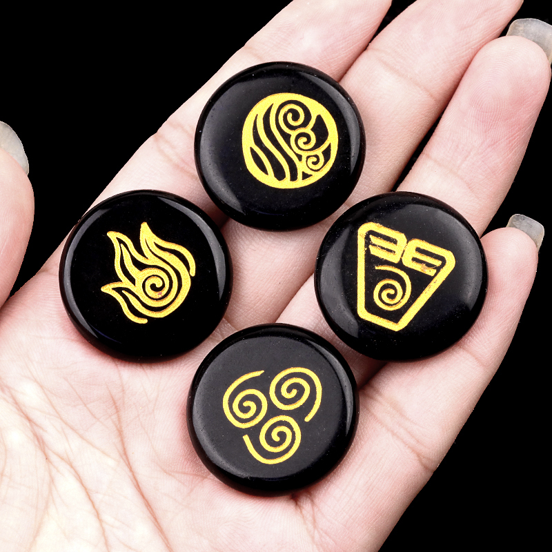 25MM Stone Disc Ornament 4PCS Handmade Craved Greece Spiritual Symbols(Earth+Air+Water+Fire)