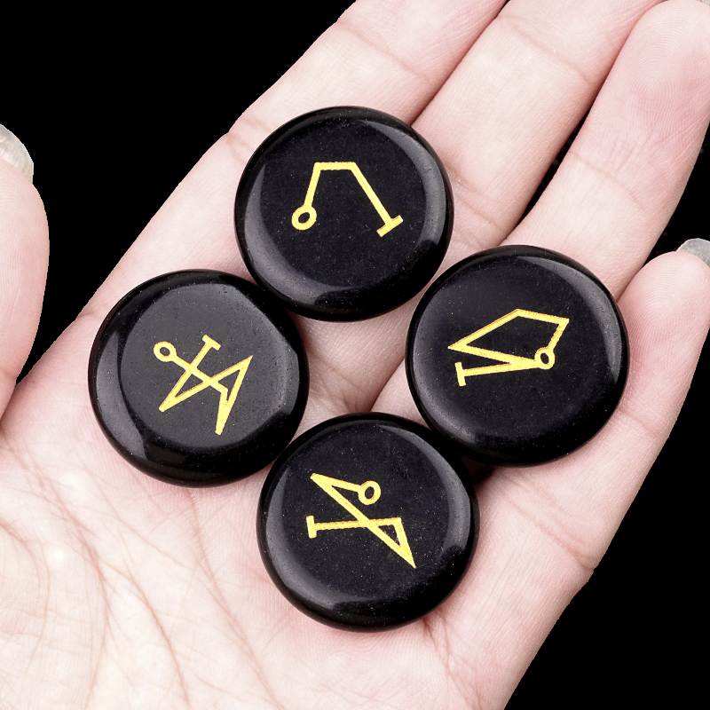 Black Obsidian 25MM Stone Disc Ornament 4PCS Handmade Craved Angle Spiritual Symbols