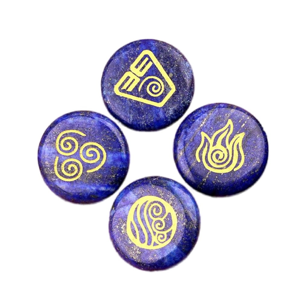 25MM Stone Disc Ornament 4PCS Handmade Craved Greece Spiritual Symbols(Earth+Air+Water+Fire)