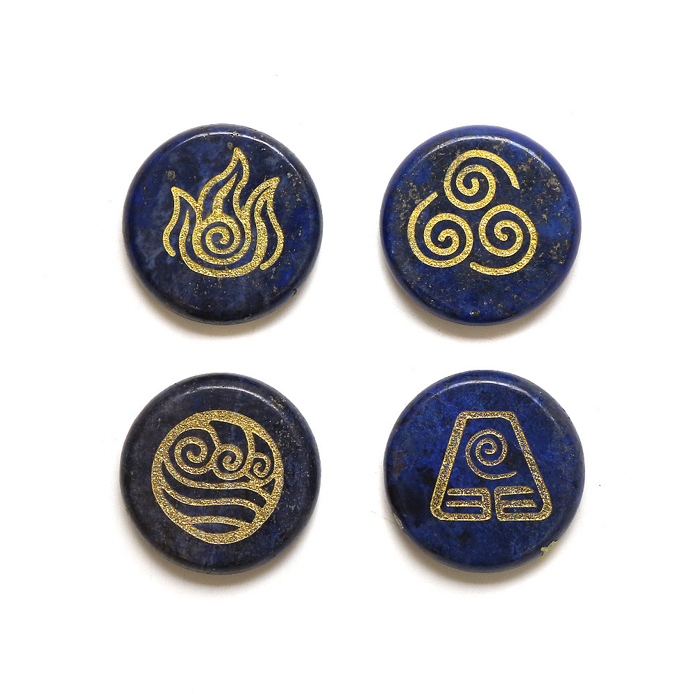 25MM Stone Disc Ornament 4PCS Handmade Craved Greece Spiritual Symbols(Earth+Air+Water+Fire)