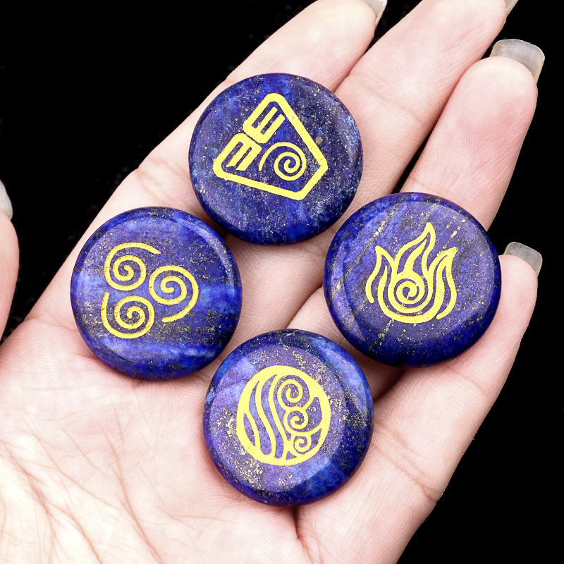 25MM Stone Disc Ornament 4PCS Handmade Craved Greece Spiritual Symbols(Earth+Air+Water+Fire)