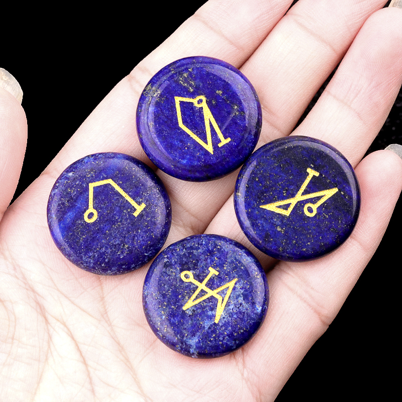 Black Obsidian 25MM Stone Disc Ornament 4PCS Handmade Craved Angle Spiritual Symbols