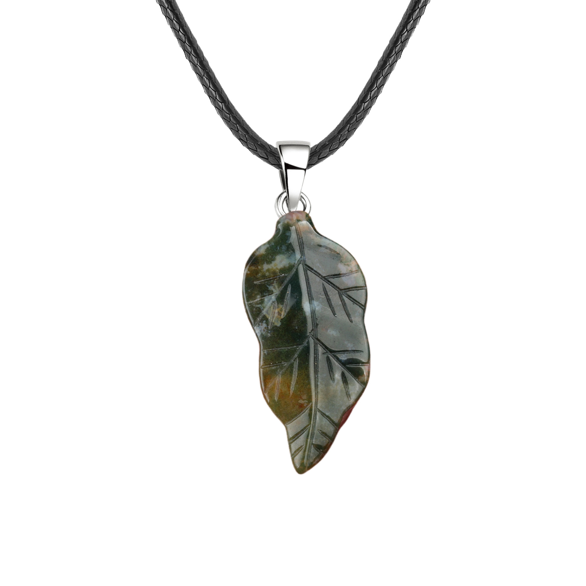 Handmade Craved Gemstone Leaf  Pendant  (Approx 23X47MM) Necklace 45CM Black Cord
