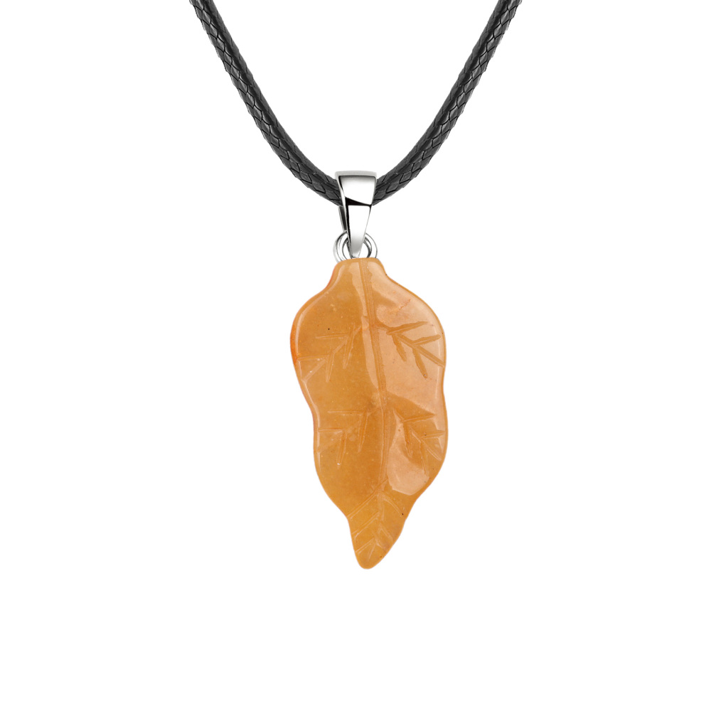Handmade Craved Gemstone Leaf  Pendant  (Approx 23X47MM) Necklace 45CM Black Cord