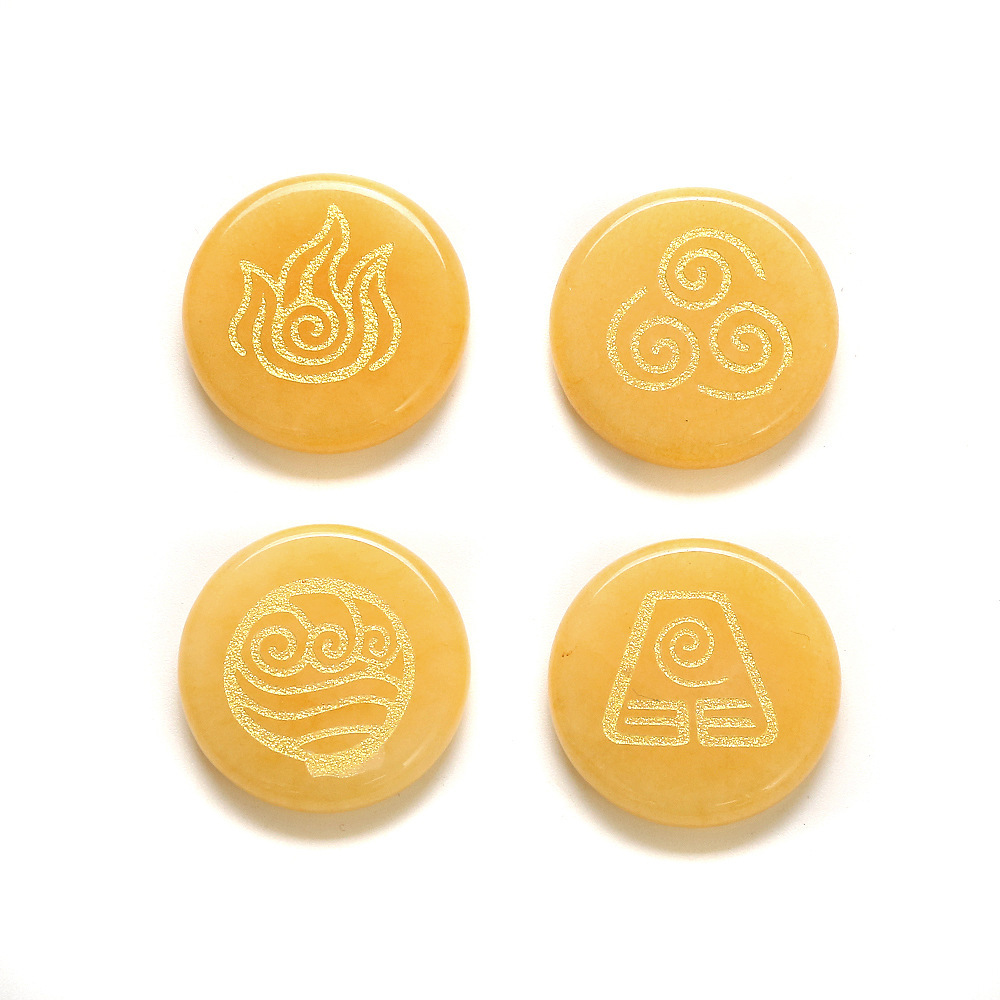 Green Aventurine 25MM Stone Disc Ornament 4PCS Handmade Craved Greece Spiritual Symbols(Earth+Air+Water+Fire)