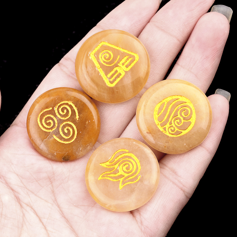 25MM Stone Disc Ornament 4PCS Handmade Craved Greece Spiritual Symbols(Earth+Air+Water+Fire)