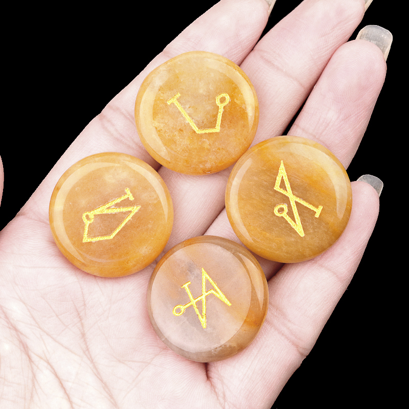 Black Obsidian 25MM Stone Disc Ornament 4PCS Handmade Craved Angle Spiritual Symbols