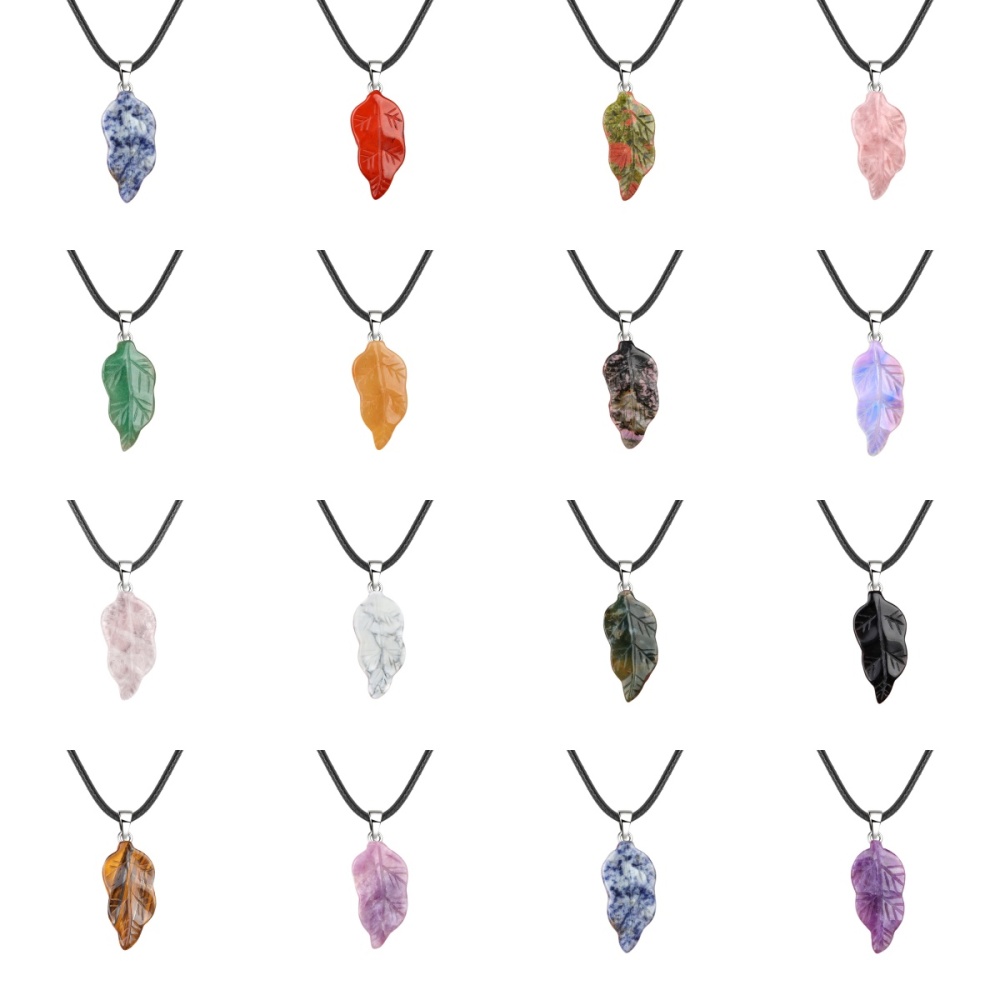 Handmade Craved Gemstone Leaf  Pendant  (Approx 23X47MM) Necklace 45CM Black Cord